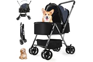 SWITTE Dog Stroller for Small Medium Dogs, Foldable Cat Pet Stroller with Reversible Handlebar, 4 Universal Wheels, Portable Puppy Dog Jogging Stroller with Waterproof Pad, Blue