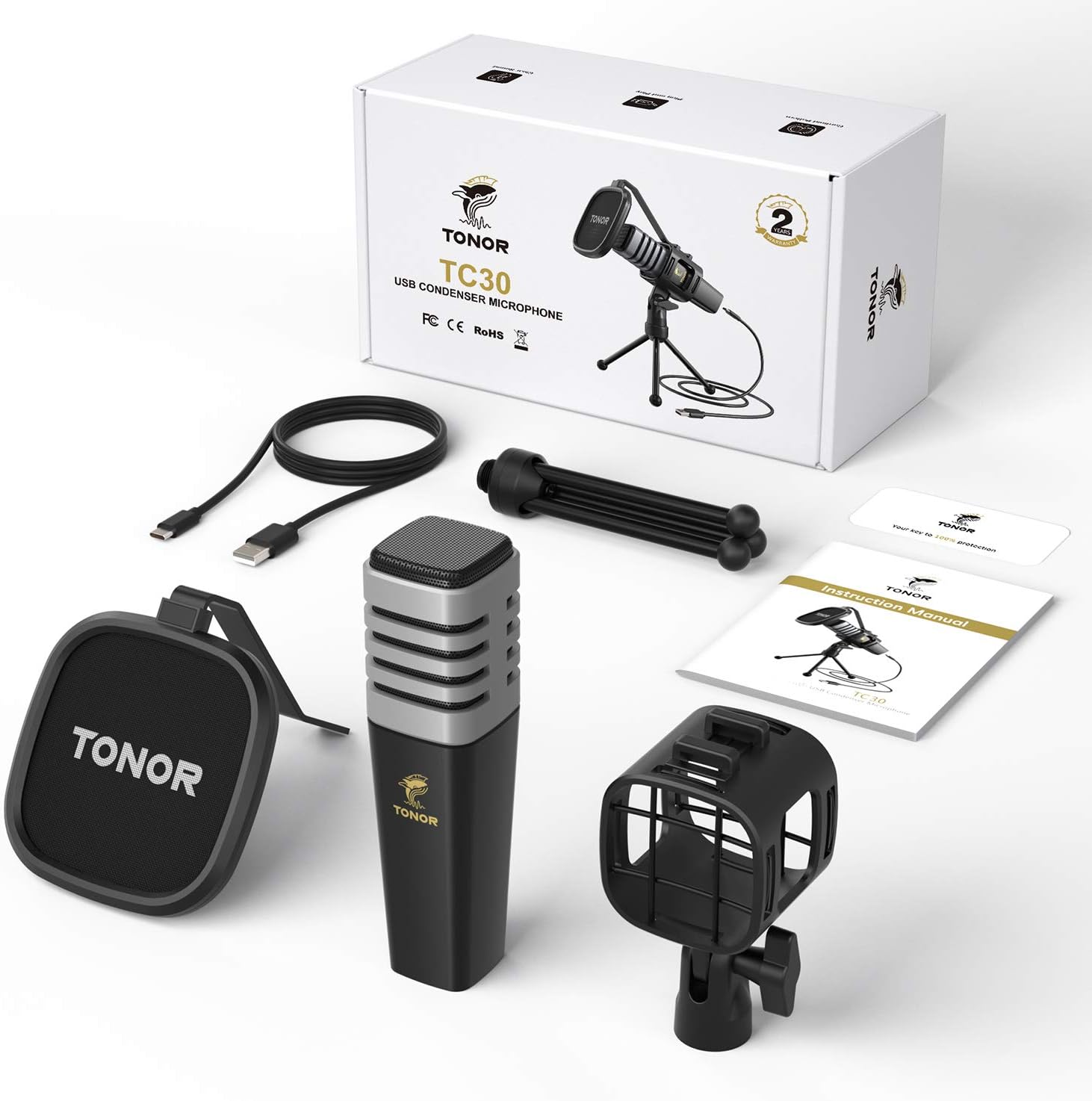 USB Microphone, TONOR Condenser Computer PC Mic with Tripod Stand, Pop Filter, Shock Mount for Gaming, Streaming, Podcasting, YouTube, Voice Over, Skype, Twitch, Compatible with Laptop Desktop, TC30: Musical Instruments