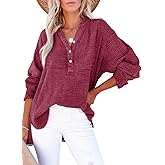 Dokotoo Womens Casual Button V Neck Long Sleeve Shirts Oversized Solid Blouses Tops