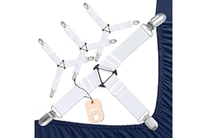 SYIPO 4 PCS Nonslip Bed Sheet Straps,Adjustable Sheet Holder Straps Bed Sheet Fasteners Fitted Sheet Clips,Extra Strong Elastic Fasteners with Iron Clips-Easy Install on Mattress Covers & Bed Sheets. White