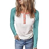 KINLONSAIR Women Raglan Long Sleeve Crew Neck Tunic Regular Fit T-Shirts Color Block Fall Button Down Henley Shirts