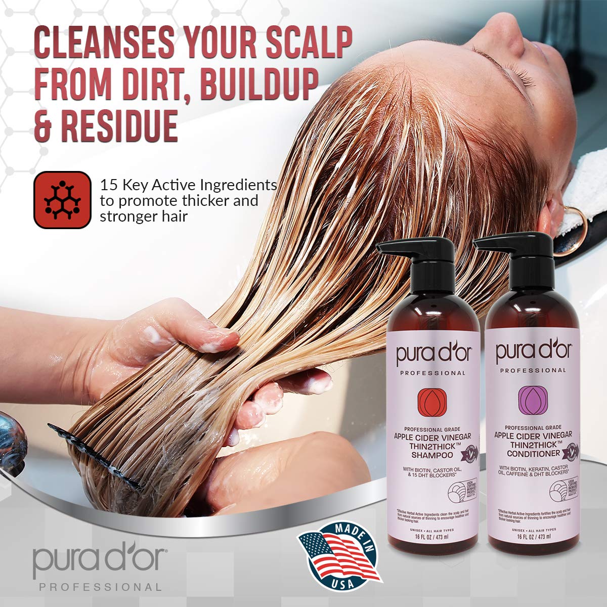PURA D'OR Apple Cider Vinegar Thin2Thick Set Shampoo Conditioner for Regrowth, Hair Loss, Clarifying, Detox (2 x 16oz) Biotin, Keratin, Caffeine, Castor Oil, All Hair Type, Men/Women, Packaging varies: Beauty