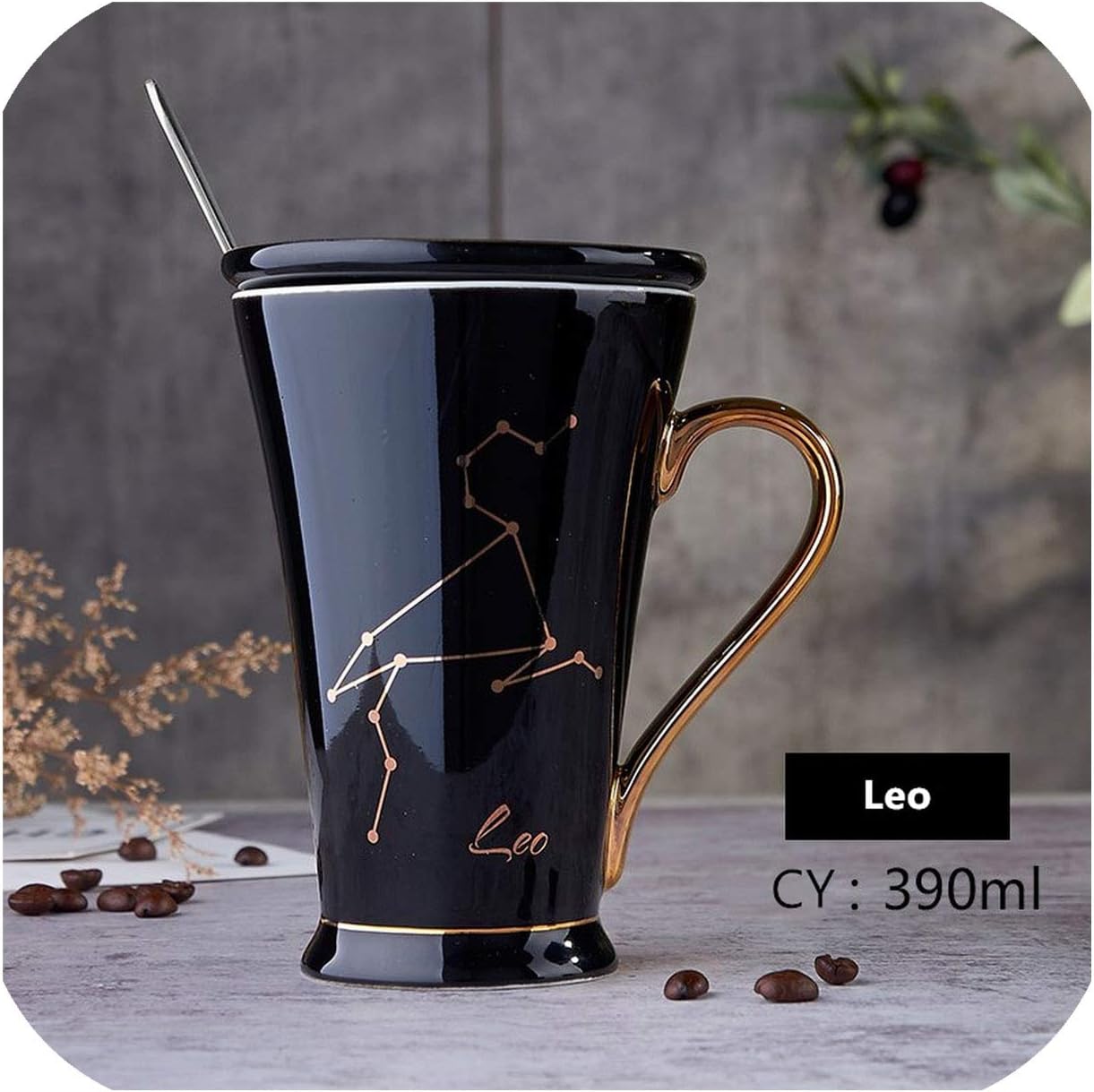 Constellation Porcelain Mug With Lid Spoon 390Ml Creative Coffee Mug Ceramic Beer Mug Lover Coffee Cup Valentine Tea Cup,Black Leo,Send Silver Spoon