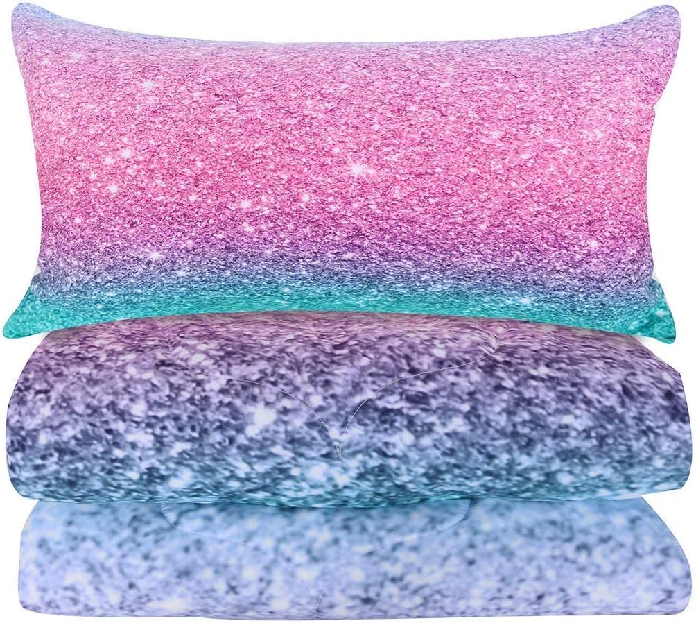 BlessLiving 3 Piece Comforter Set with Pillow Shams - 3D Printed Pink Glitter Bedding Set Girls Women Reversible Comforter Mermaid Twin Size Bedding Sets Soft Comfortable Machine Washable: Home & Kitchen