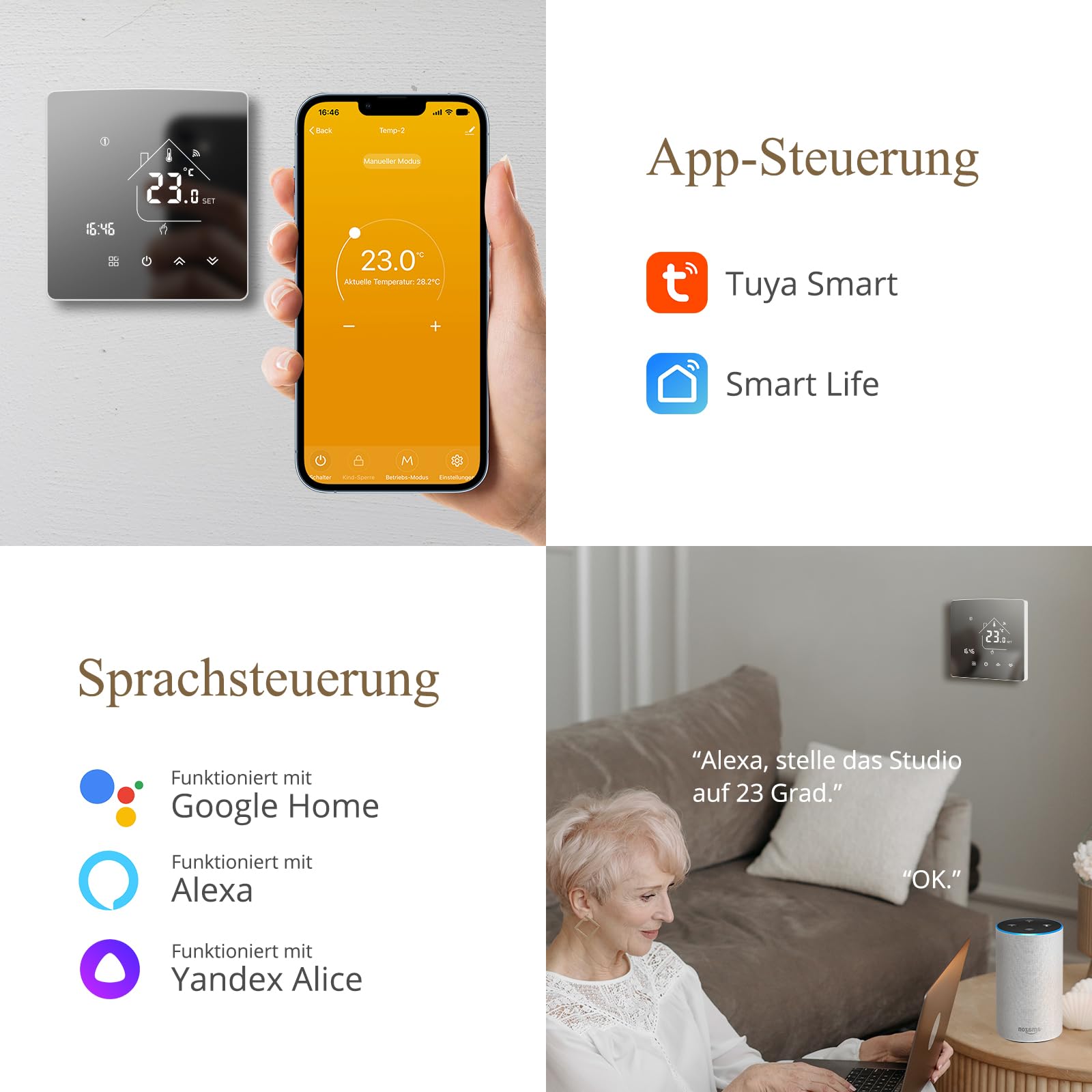 Beok Spiegel Thermostat Fussbodenheizung Smart, WiFi Raumthermostat Heizungsthermostat mit Digitales LCD Wandthermostat für Wasser Fußbodenheizung Kompatibel Tuya, Alexa,Google Home 3A TGR85WIFI-WP 2