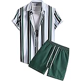SHENHE Men's 2 Piece Outfits Striped Button Up Short Sleeve Shirt and Shorts Set