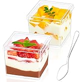 Zezzxu 50 Pack 5 oz Mini Square Dessert Cups with Lids and Spoons, Clear Plastic Parfait Cups Small Shooter Cups for Appetizer Puddings Mousse Ice Cream Fruit