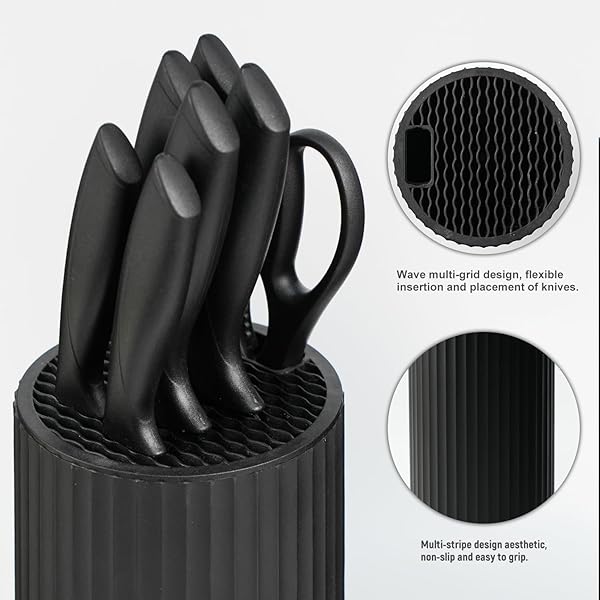 NULAS KNIFE SET, 8-PIECE KITCHEN KNIFE SET WITH UNIVERSAL BLOCK – ANTI-RUST CHEF KNIVES, ERGONOMIC DESIGN, DISHWASHER SAFE (BLACK)