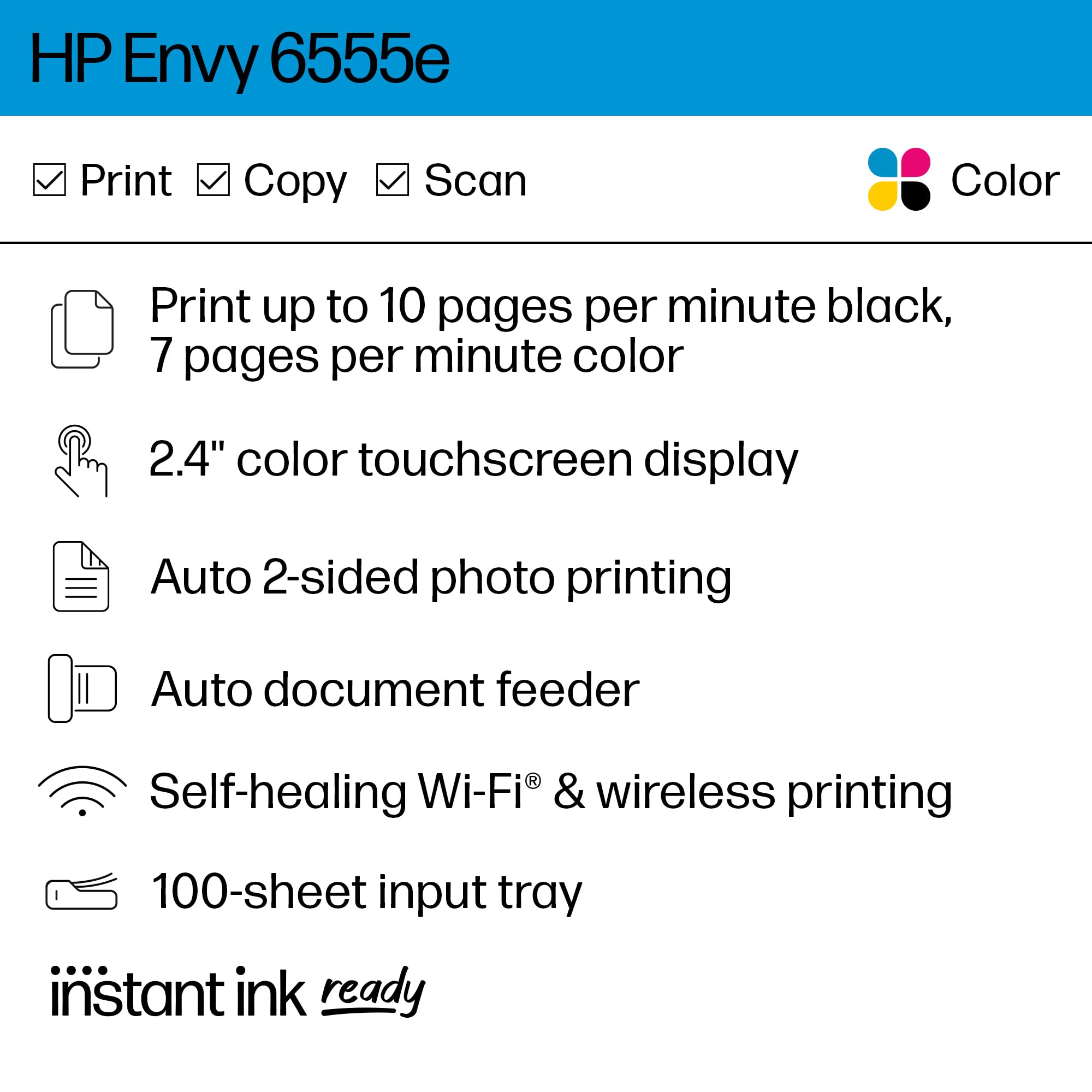 HP Envy 6555e Wireless All-in-One Color Inkjet Printer, Print, scan, Copy, Duplex Printing Best-for-Home, 3 month Instant Ink trial included (714N5A)
