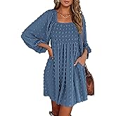 BTFBM Womens Long Sleeve Dress Vacation Square Neck Smocked Floral Swiss Dot Mini Boho Spring Wedding Guest Dresses 2026
