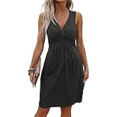 LLHXRUI Women's Twist Front V Neck Ruffle Casual Summer Dress Sexy Elegant Sleeveless Club Party Tunic Bodycon Mini Dresses