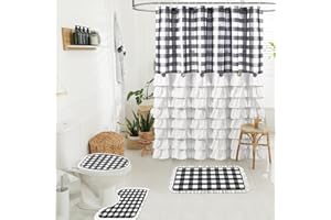 Seasonwood Farmhouse Shower Curtain Set 4PCS Shower Curtain with Button Gray and White Buffalo Plaid Pattern with Fabric White Ruffle Non-Slip Bathroom Mat Toilet Rug Bath Mat, 72 X 72