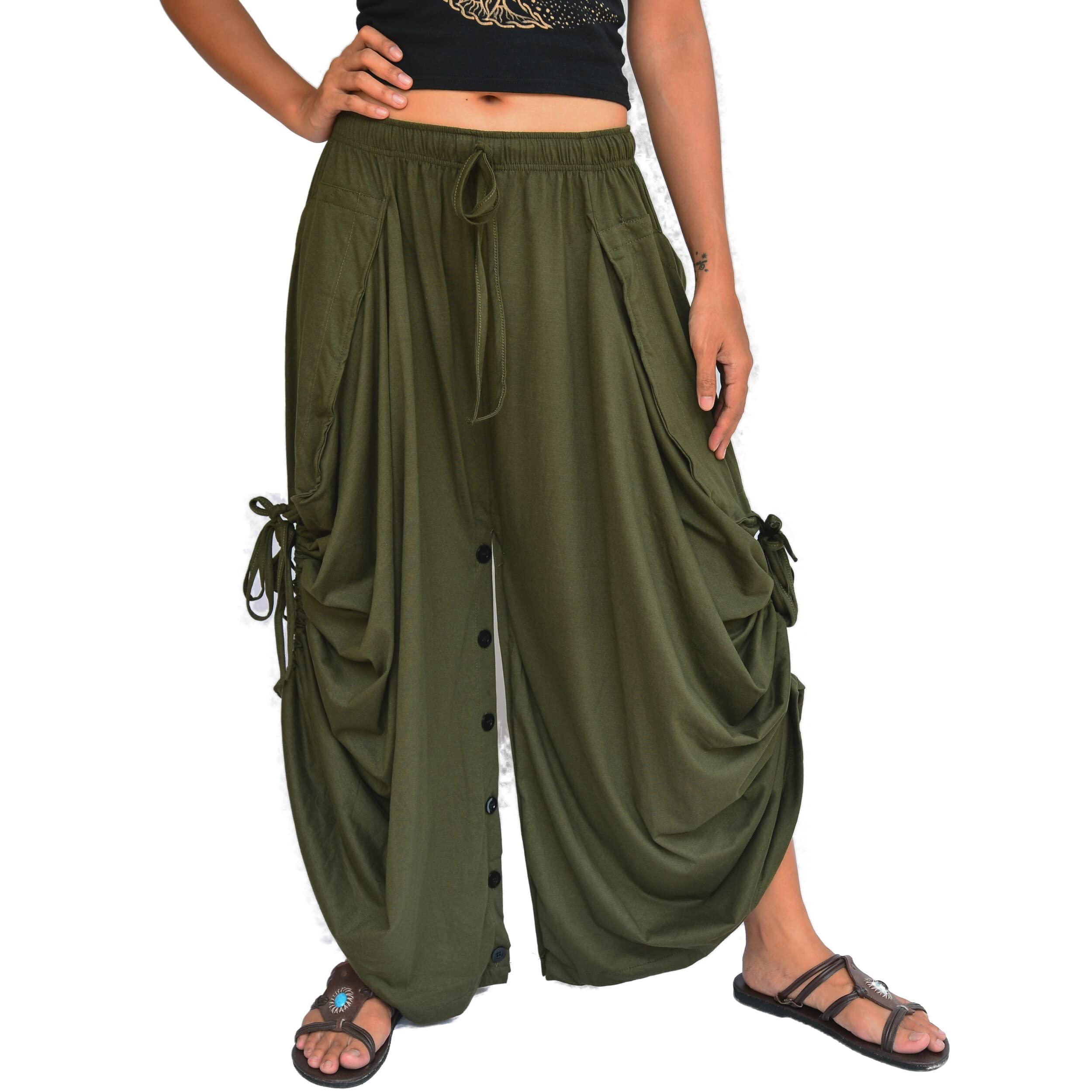 Photo 1 of Sakoonee Women's Harem Pants Palazzo Dhoti Lounge Trousers, Convertible to a Skirt 2 Pockets Cotton, One Size, Elastic Waist Olive