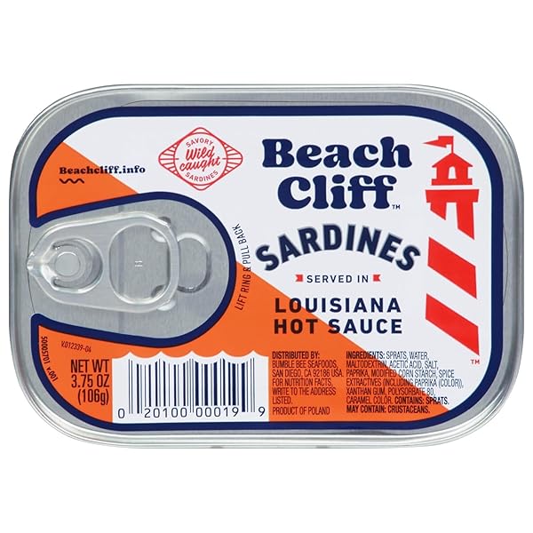 BEACH CLIFF WILD CAUGHT SARDINES IN LOUISIANA HOT SAUCE, 3.75 OZ CAN – 14G PROTEIN PER SERVING – GLUTEN FREE, KETO FRIENDLY