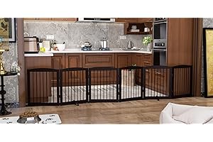PUPETPO Freestanding Pet Gate for Dogs, Foldable Wooden Dog Gate for House, Extra Wide Indoor Pet Barrier for Stair, Doorway, Hall, Support Feet Included, 120 Inch Wide, 6 Panels 24", Brown