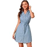Allegra K Women's Chambray Dress Sleeveless Button Down Jean Denim Shirt Dresses