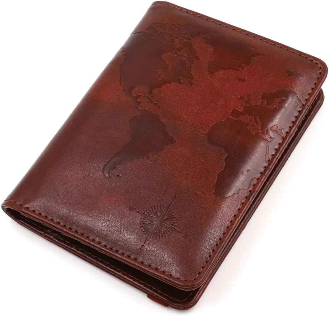  | Kandouren RFID Blocking Passport Holder Cover Case, travel luggage passport wallet made with Brown Map Crazy Horse PU Leather for Men & Women | Passport Covers