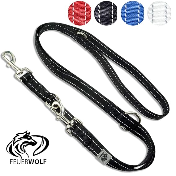 FEUERWOLF Hundeleine 3-Fach verstellbar - Doppelleine - Für mittlere und große Hunde - Robust und stabil - Beidseitig reflekt