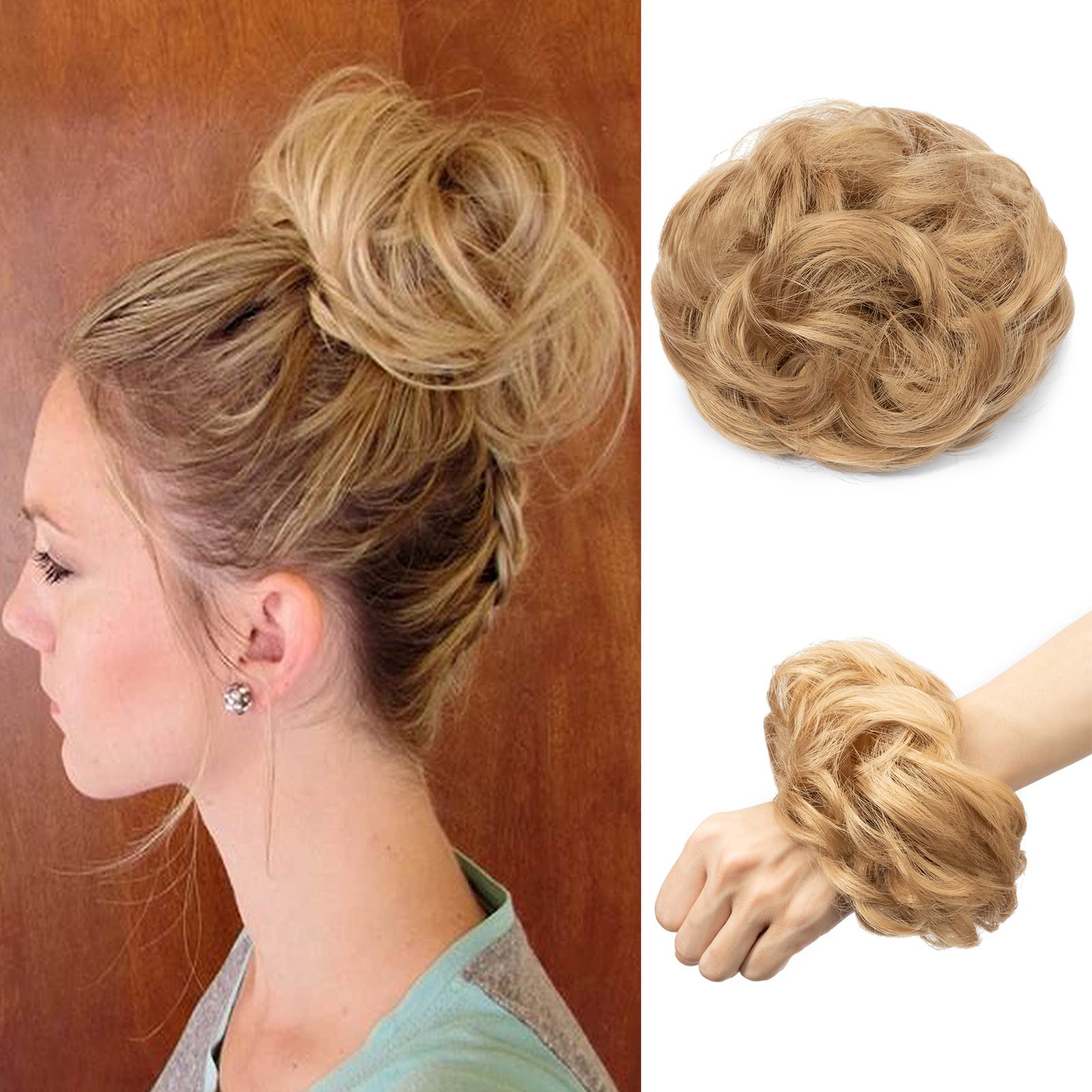 Messy Hair Bun Extensions Curly Hair Scrunchies for Women Girls Synthetic Donut Updo Hair Pieces Wavy Ponytail Hair Chignons (Dark Blonde)