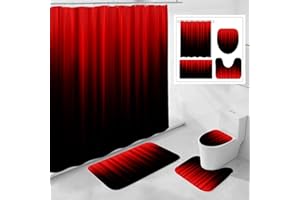 Litabel 4 Pcs Red and Black Gradient Shower Curtain Set with Rugs and Toilet Lid Cover, Modern Simple Waterproof Fabric Bathroom Set, Ombre Stripe Gothic Abstract Bathroom Decor Set Accessories
