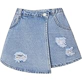 RoseSeek Girl's Button Elastic Waist Denim Skirts Casual Ripped Mini Shorts Asymmetric Wrap Skorts with Pocket