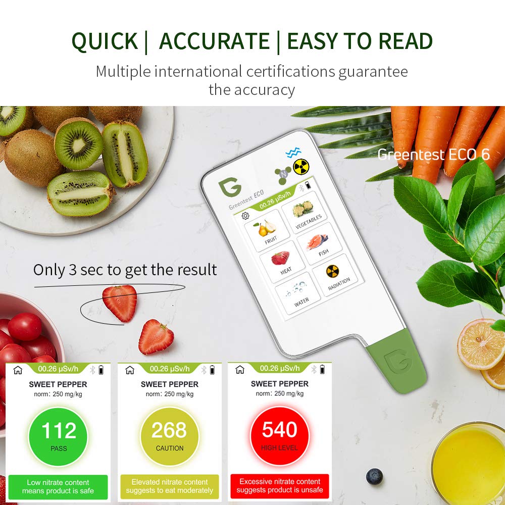 Greentest ECO 6 Nitrato Tester, Pantalla de lectura instantánea Medidor de agua táctil TDS PPM Analizador y detector de radiación Geiger Counter Combo para alimentos, carne, frutas, verduras, pescado: Amazon.es: Industria, empresas