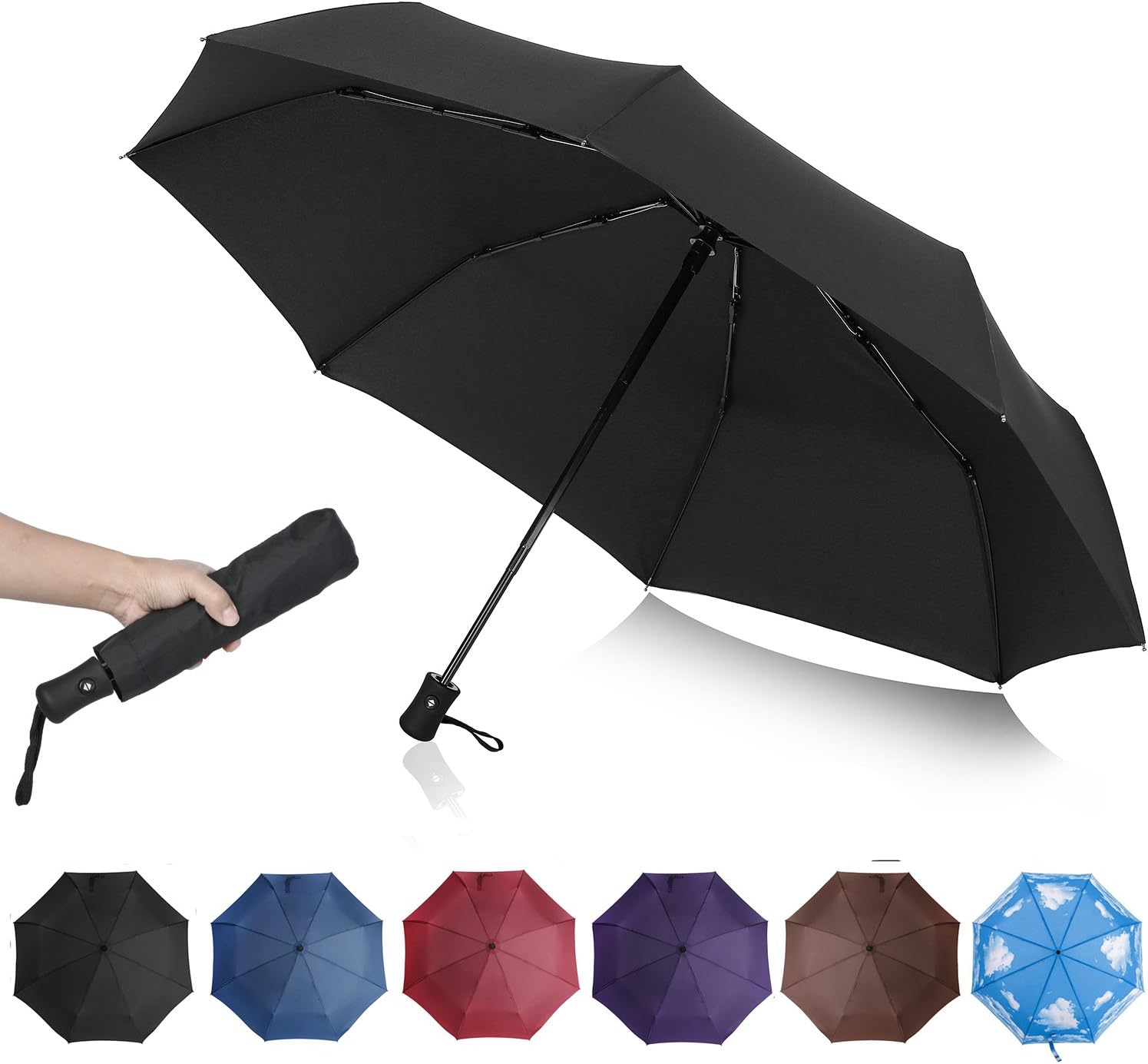 QHUMO Compact Travel Umbrella Windproof, Auto Open Close Umbrellas Women Men