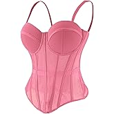 ELLACCI Women's Mesh Corset Bustier Top Elastic Waistband Lingerie Top with Removable Straps Pink