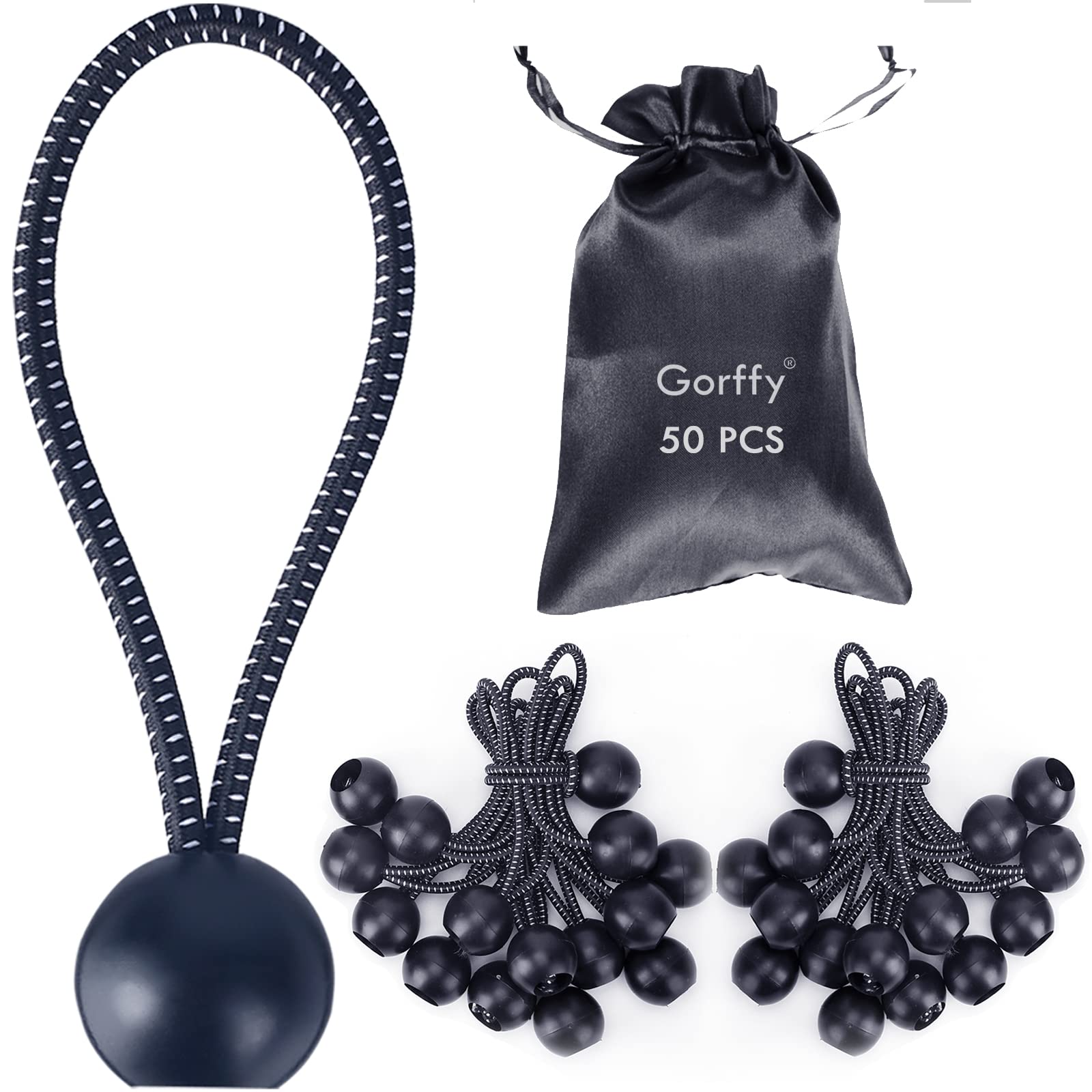 Gorffy Bungee Cord with Balls, 50 pcs Tarpaulin Bungee Balls 5.7",Bungee Cord Ball Heavy Duty Bungee Strap Ties with Ball,Elastic Ties Bungee Tie for Tarpaulin,Camping Tarp,Luggage and Household — image 1