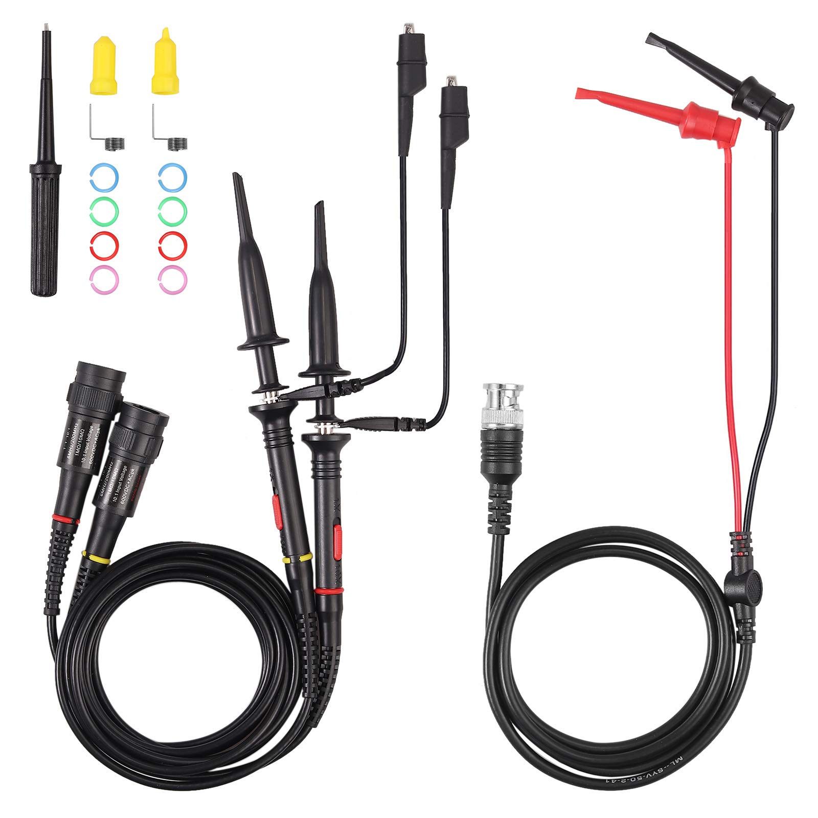 AUTOUTLET 2PCS P2200 200Mhz Oscilloscope Probe Kit, with BNC to Mini Grabber Test Lead Kit, Attenuation Ratio 1X/10X Black High Precision Scope Oscilloscope Clip Probes