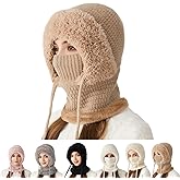 3 in 1 Beanie Hat for Women, Womens Balaclava Winter, Cold Knitted Hats Wind Resistant Hooded Scarf, Thick Plush-Lined