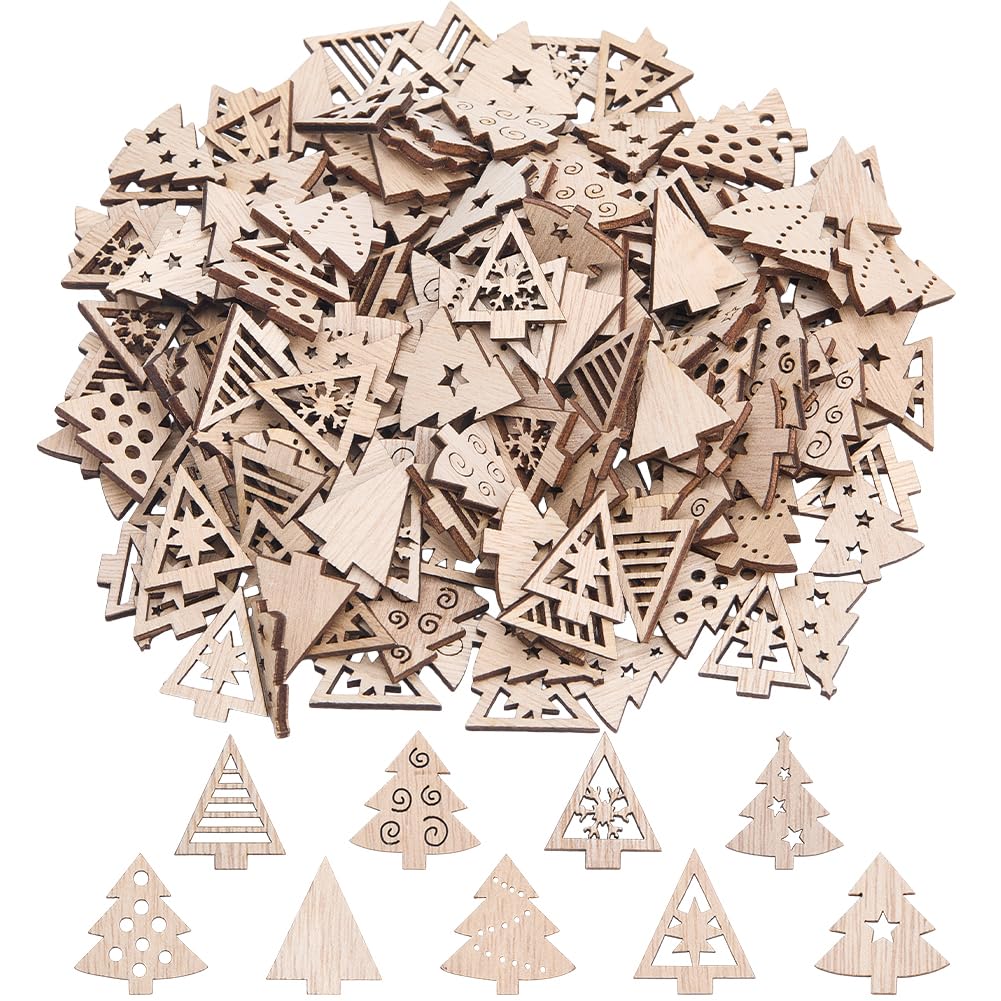 SUNNYCLUE 4 Sets 200Pcs Wooden Tree Shapes Christmas Wood Cutout Assorted Natural Unfinished Blank Holiday Xmas Trees Small Decorations Slices Hanging Ornaments for DIY Crafts Party Decor Supplies