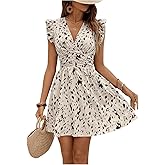 Floerns Women's Printed V Neck Ruffle Cap Sleeve Dress Ruched A Line Mini Dresses