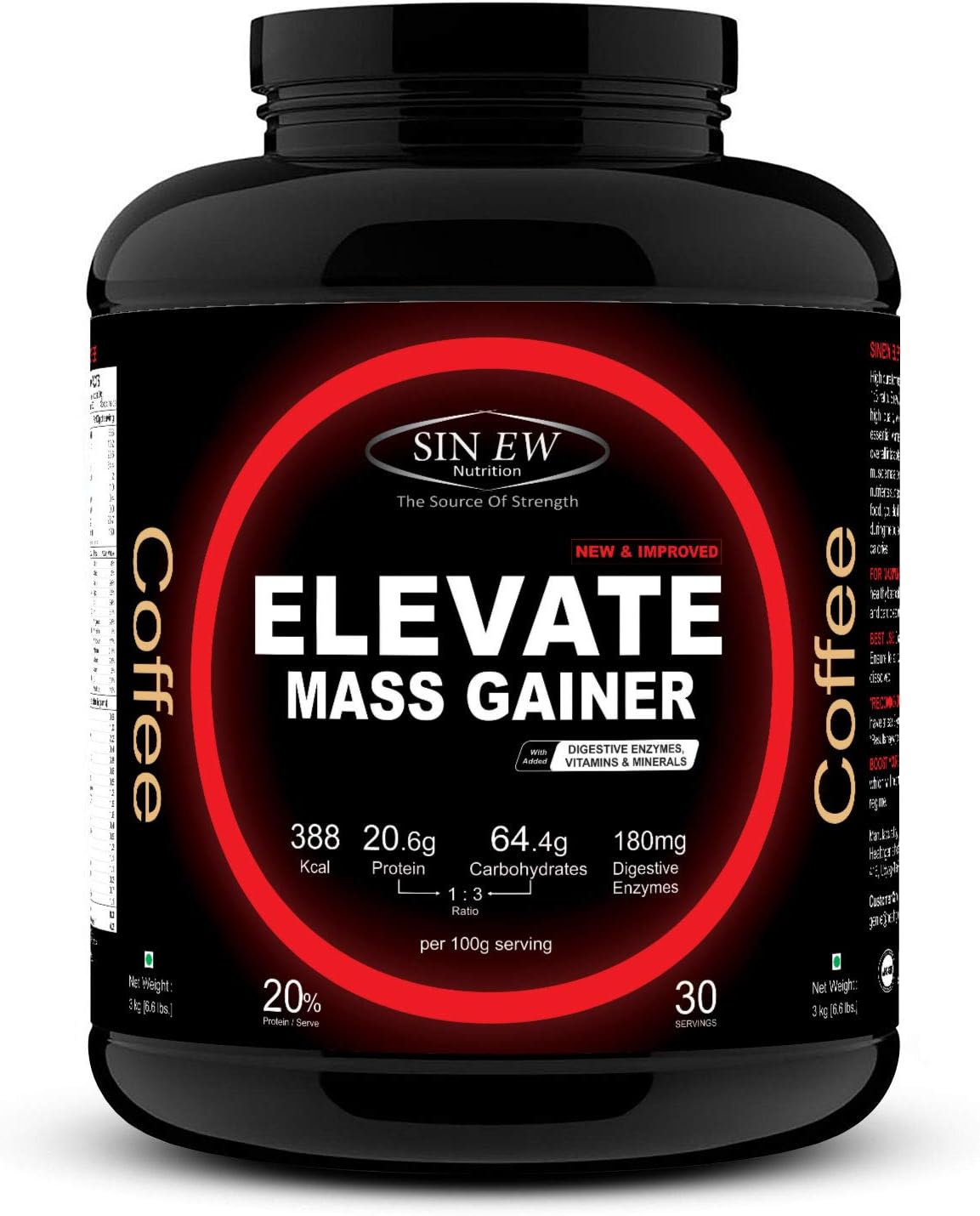 Sinew Nutrition Elevate Mass Gainer with Digestive Enzymes, 3 kg (Coffee Flavour)
