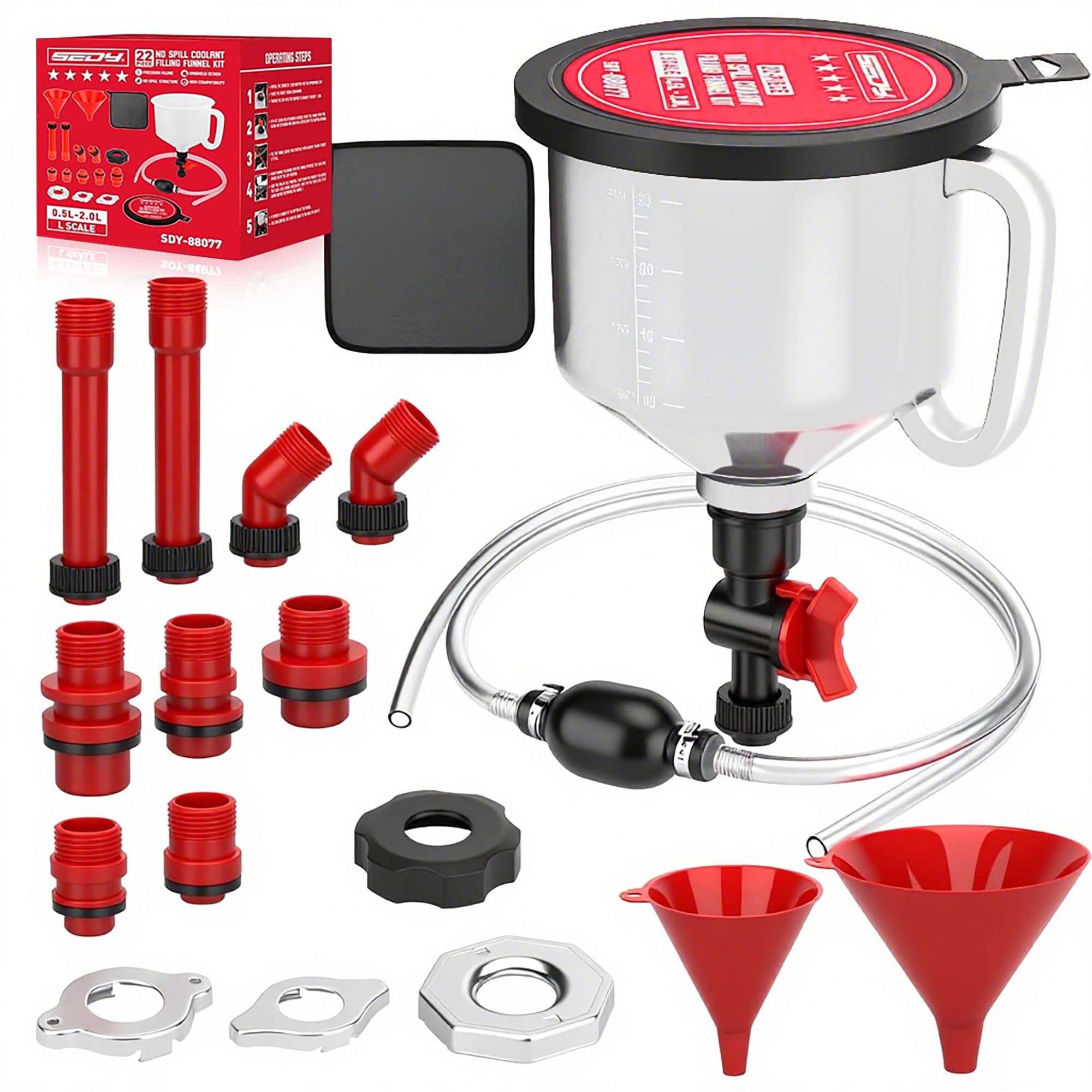 Photo 1 of 22-Piece No-Spill Coolant Filling Funnel Kit and Siphon Hose Pump, Radiator Coolant Filling Spill-Proof Funnel Kit with Adapters, Extensions, PVC Hose, Engine Oil Funnels, Towel for Universal Vehicle