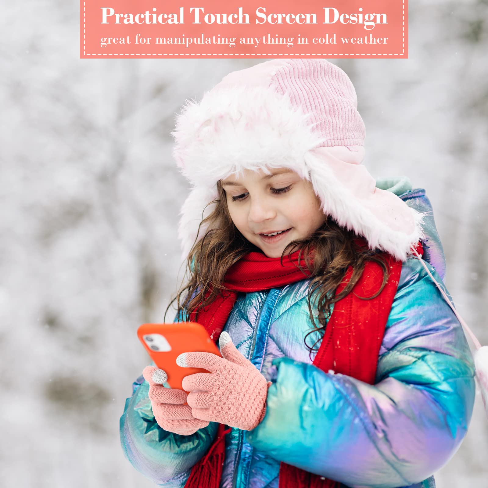 4 Pairs Kids Winter Touchscreen Gloves Warm Fleece Lined Child Knit Gloves Elastic Cuff Winter Texting for Girls Boys