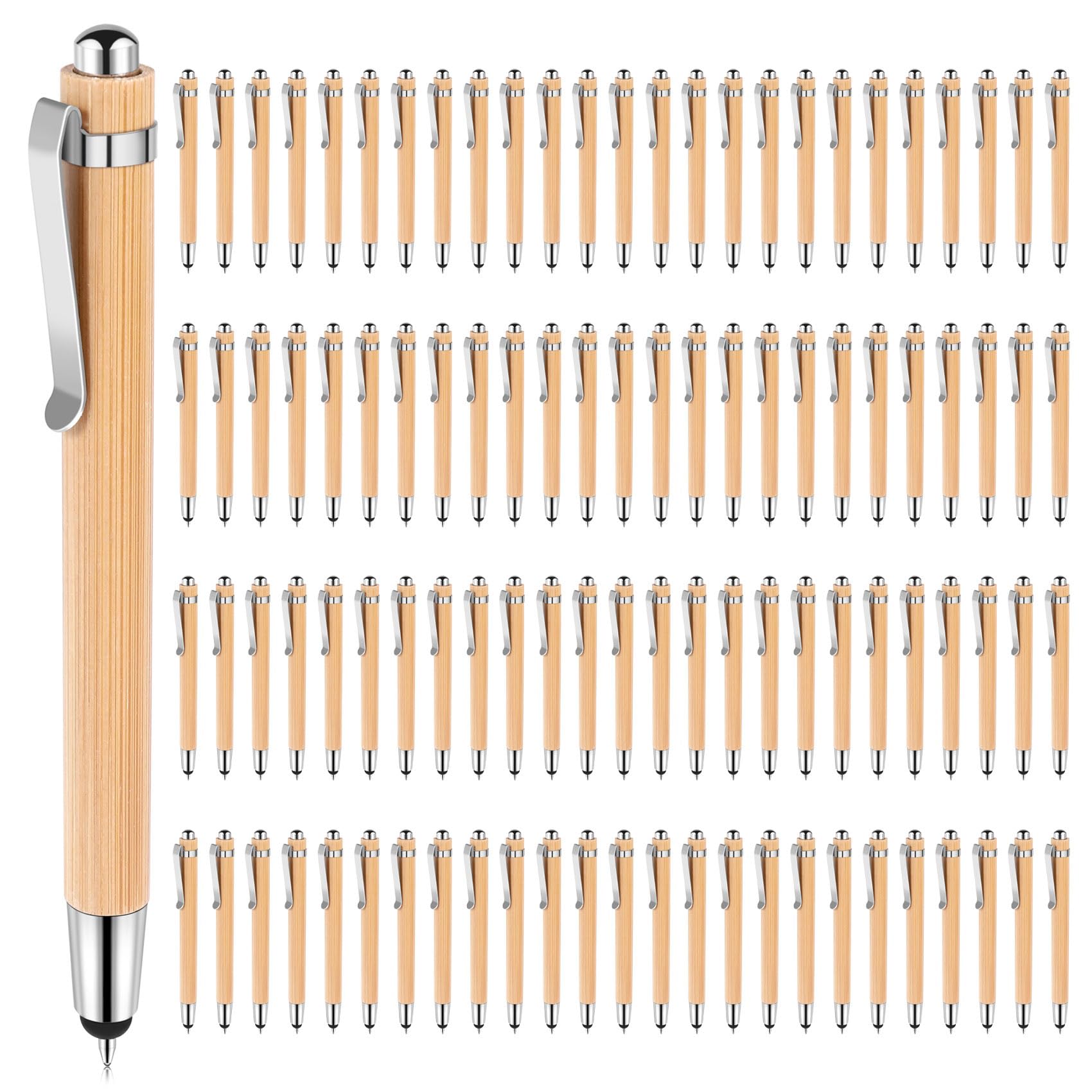 NIZEAMI 100 Pcs Ballpoint Pens, 2 in 1 Stylus Pens Stylish Bamboo Ballpoint Pens for School Home Ofiice Writing & Touch Screens