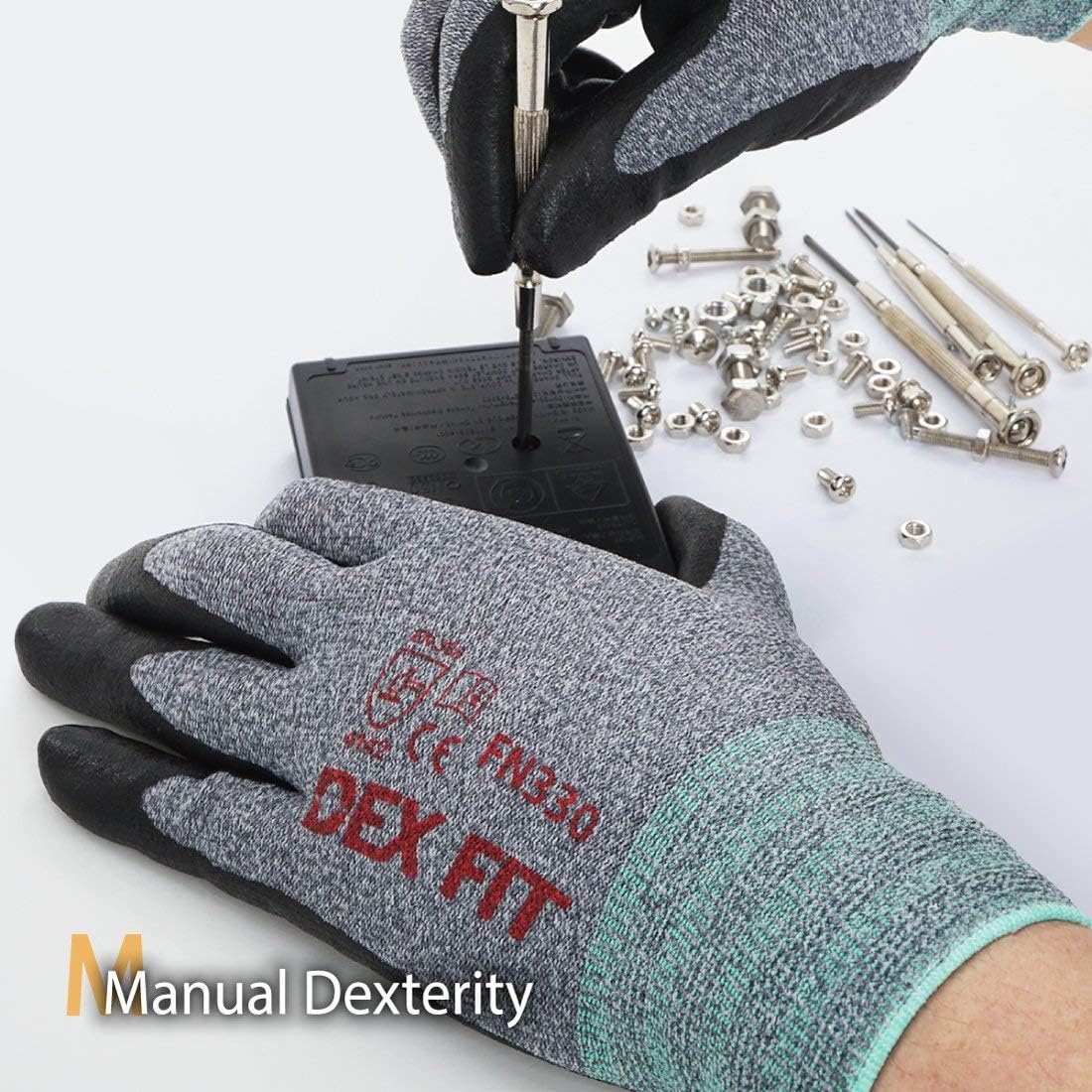 DEX FIT Nitrile Work Gloves FN330, 3D Comfort Stretch Fit, Durable Power Grip Foam Coated, Smart Touch, Thin Machine Washable, Grey Medium 3 Pairs Pack - - 