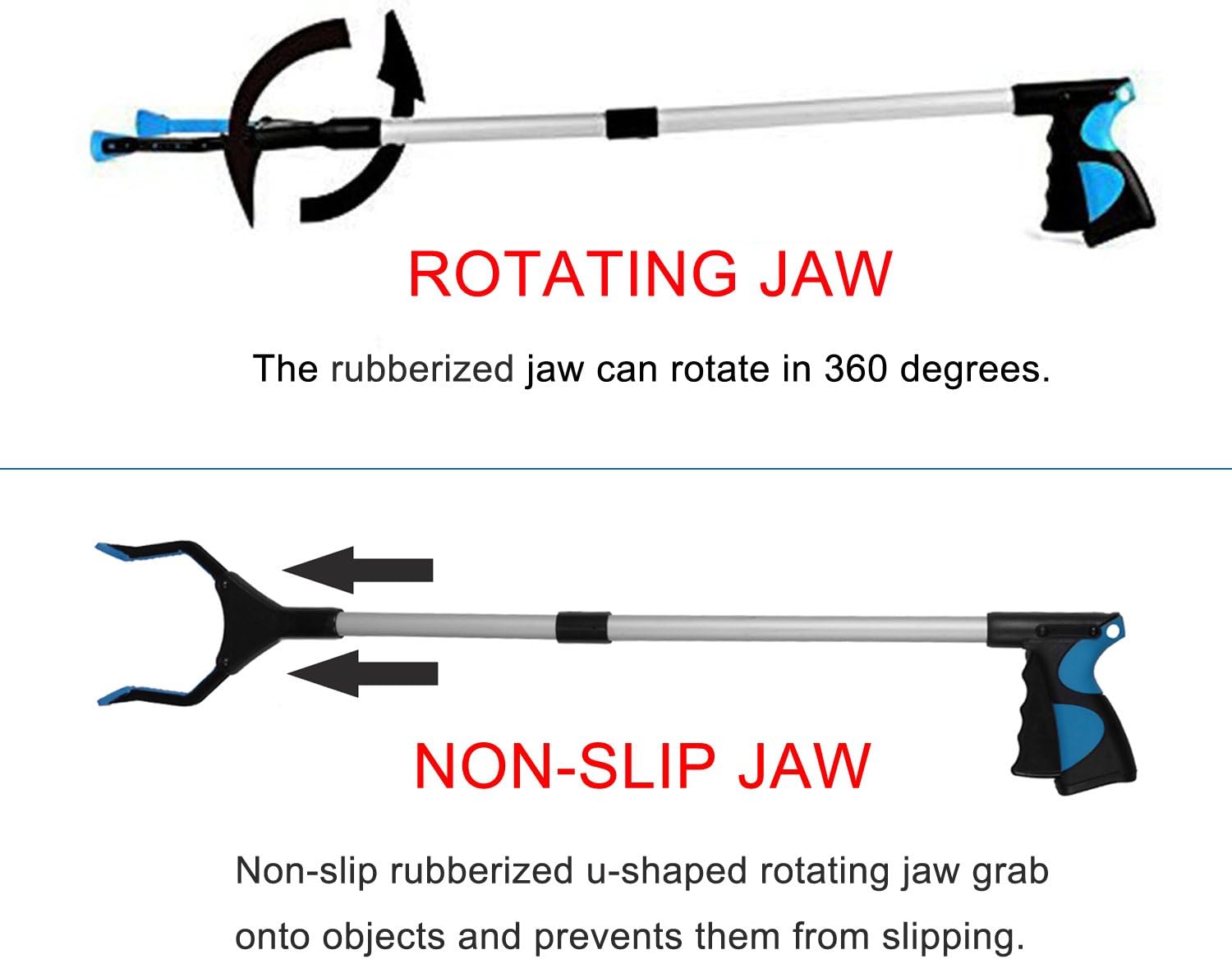 DesignerBox 2 Pack Reacher Grabber Tool, Upgraded Foldable Reaching Aid Reacher Tool Long Arm 360° Rotating Jaw Reaching Claw Hand Grabber Trash Pickup Tool, 32'' (2 Pack-Blue) - Image 5