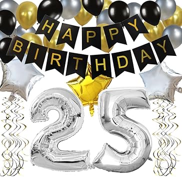 Kungyo 25 Anni Buon Compleanno Festa Decorazioni Kit Nero Striscione Di Happy Birthday Pallone 25 In Argento Stelle Palloncini Lattice Ballon Turbinii Appesi Amazon It Giochi E Giocattoli