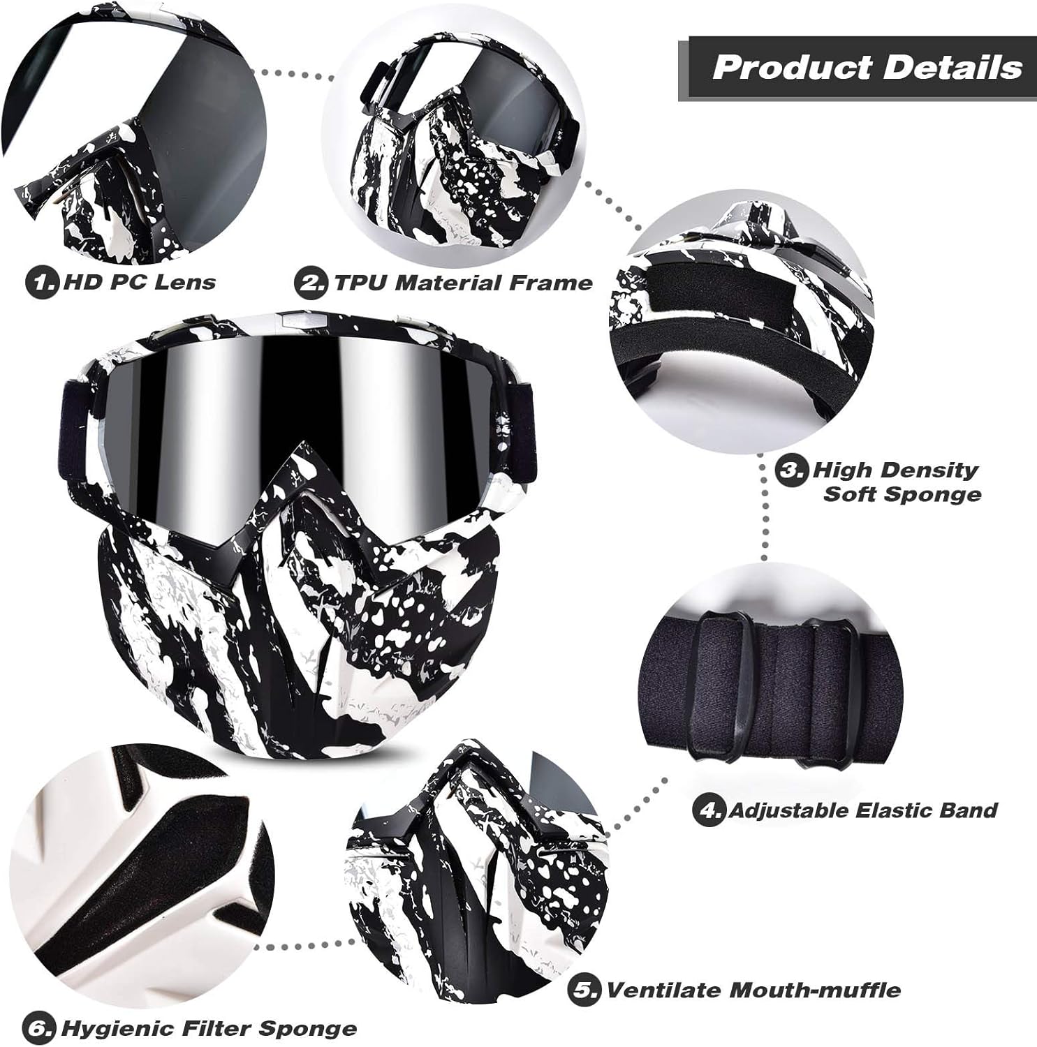 BOLLFO Motorcycle Goggle Mask, Protective Glasses with Detachable Mask for Cycling, Skiing, Paintball, Riding, Halloween Adjustable Windproof Outdoor Anti-Fog Face Mask (White & Black Frame): Sports & Outdoors