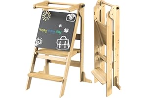 SAUCE ZHAN Toddler Tower Foldable - Kids Kitchen Step Stool with 3 Adjustable Heights & Safety Rail, Montessori Tower with Chalkboard for Learning, Standing Tower Helper Stool for Kitchen Counter Sink (Natural)