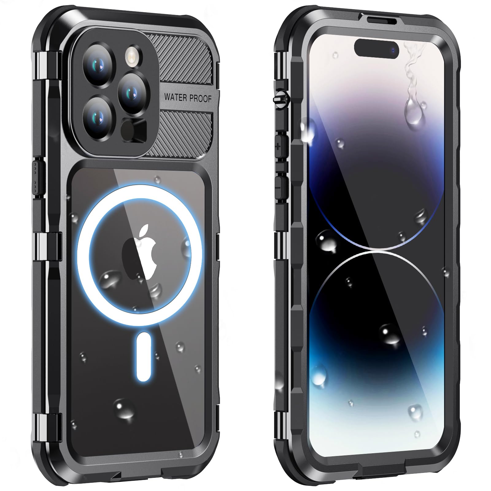 WIFORT for iPhone 14 Pro Waterproof Case,Shockproof Dustproof Heavy Duty Metal Cover with Build-in Screen Protector,[Compatible with Magsafe] 360 Full Body Protective Case for iPhone 14 Pro 6.1"-Black