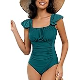 HAIVIDO Women's One Piece Swimsuits Tummy Control Bathing Suit Ruffle Ruched Square Neck Swimwear with Adjustable Straps