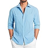 Makkrom Mens Guayabera Linen Shirts Long Sleeve Button Down Cuban Casual Summer Beach Shirt Tops