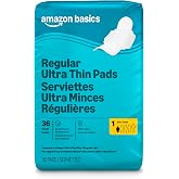 Amazon Basics Regular Absorbency Feminine Pads for Women, Ultra Thin with Flexi-Wings, Unscented, Size 1, 8-Hour Protection, Leak Prevention, 36 Count, Packaging May Vary