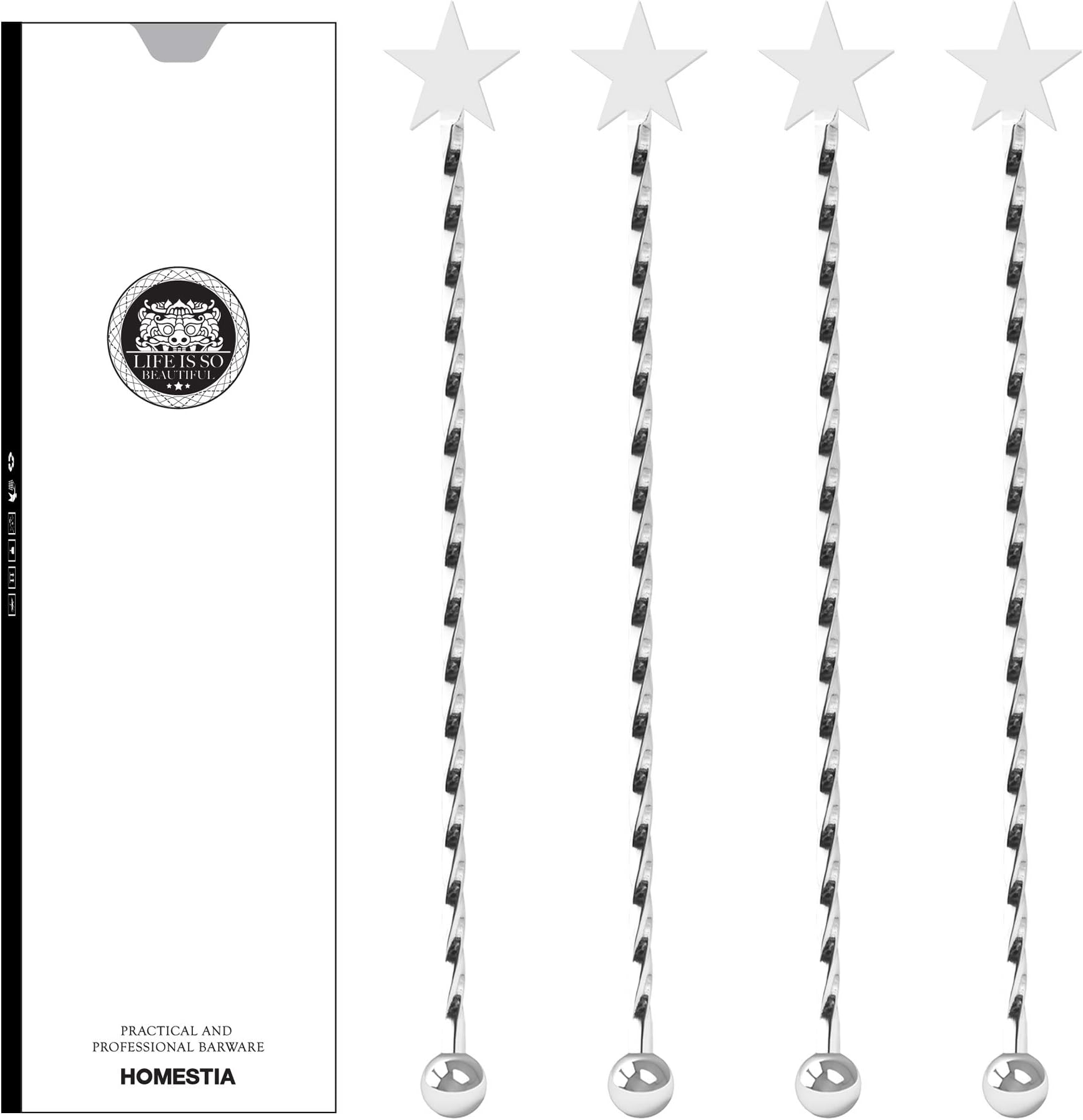 7.5" Stir Sticks Star Coffee Stirrers Stainless Steel Reusable Cocktail Swizzle Sticks by Homestia Set of 4, Silver