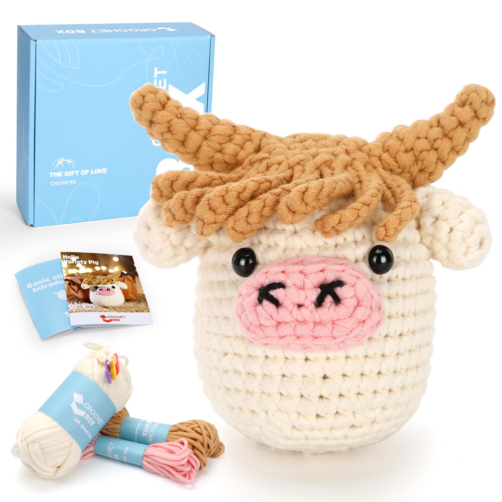 Crochet Kit for Beginners Adults - Pig and Cow Starters Crochet Kit, Beginners Crocheting Kitting for Adults Kids, DIY Craft Gifts with Crochets Yarns, Hook, Step-by-Step Video, Instruction