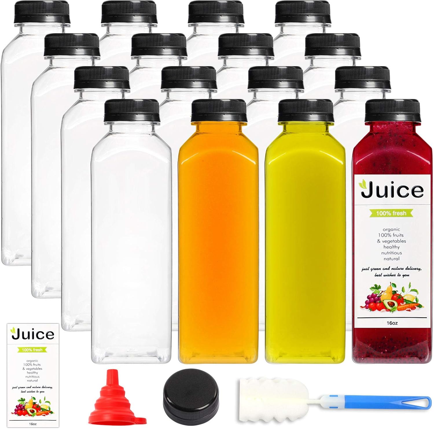 16pcs 16oz Empty Plastic Juice Bottles with caps, Reusable Clear Bulk Beverage Containers for Juice, Milk and Other Beverages