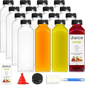 16pcs 16oz Empty Plastic Juice Bottles with caps, Reusable Clear Bulk Beverage Containers for Juice, Milk and Other Beverages